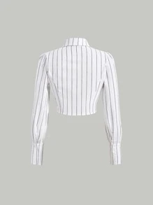 SHEIN MOD Striped Tie Neck Crop Shirt - White - View 2