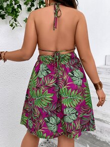 SHEIN VCAY 大碼熱帶圖案後背繫帶繞頸連衣裙 - 彩色 - 查看 2