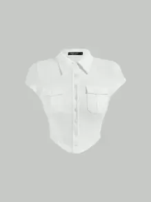 SHEIN MOD 素色翻蓋細節短款T恤 - 白色 - 查看 1