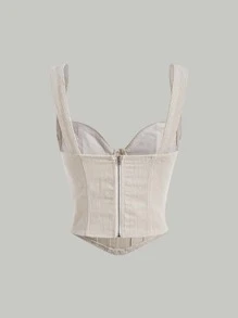 SHEIN MOD 後拉鍊式馬甲結構帶寬肩帶上衣 - 米色 - 查看 6