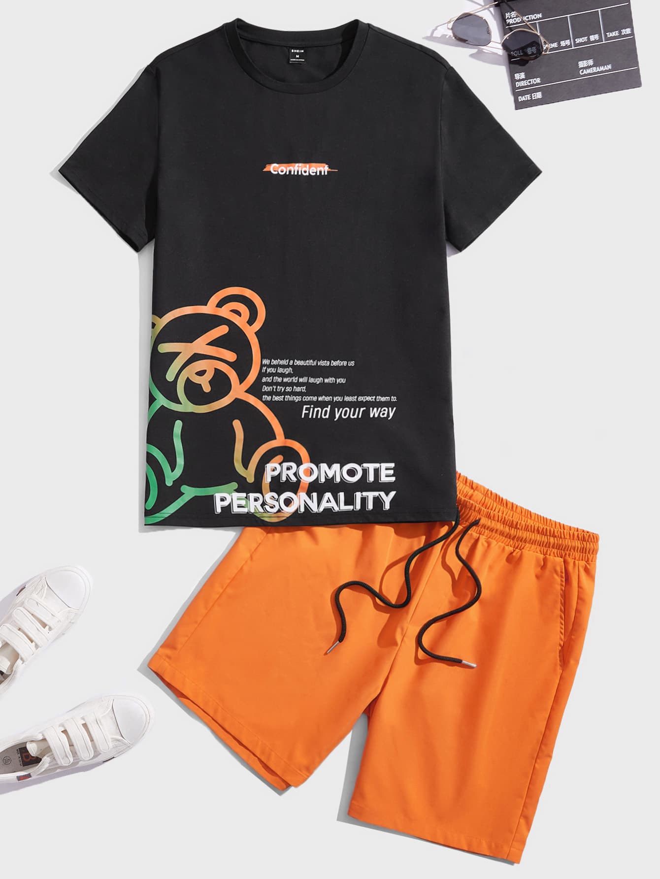 Manfinity Men Slogan & Cartoon Graphic Tee & Drawstring Waist Shorts - Black - View 1