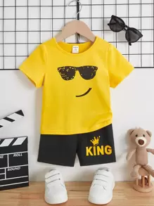 SHEIN Leap Crew Baby Boy Cartoon & Letter Graphic Tee & Shorts - Yellow - View 1