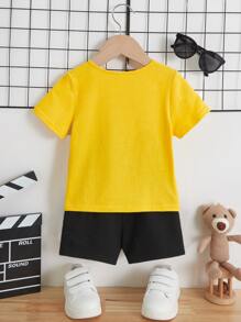 SHEIN Leap Crew Baby Boy Cartoon & Letter Graphic Tee & Shorts - Yellow - View 2