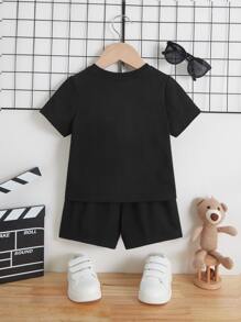 SHEIN 男嬰熊和標語圖案T恤和短褲 - 黑色 - 查看 2