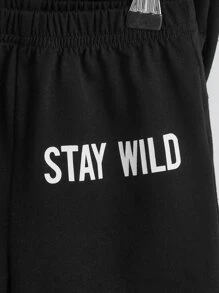 SHEIN 男嬰熊和標語圖案T恤和短褲 - 黑色 - 查看 4