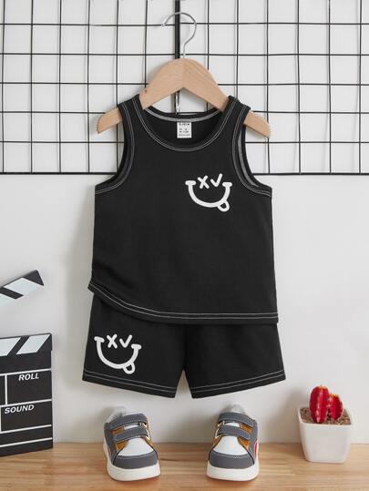 SHEIN 男嬰卡通圖案背心上衣和短褲