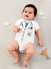 SHEIN Đứa bé trai Bác sĩ In Trang phục Bodysuit - trắng - Xem 5