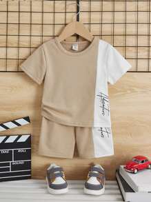 Baby Boy Letter Graphic Two Tone Tee & Shorts - Camel - View 1