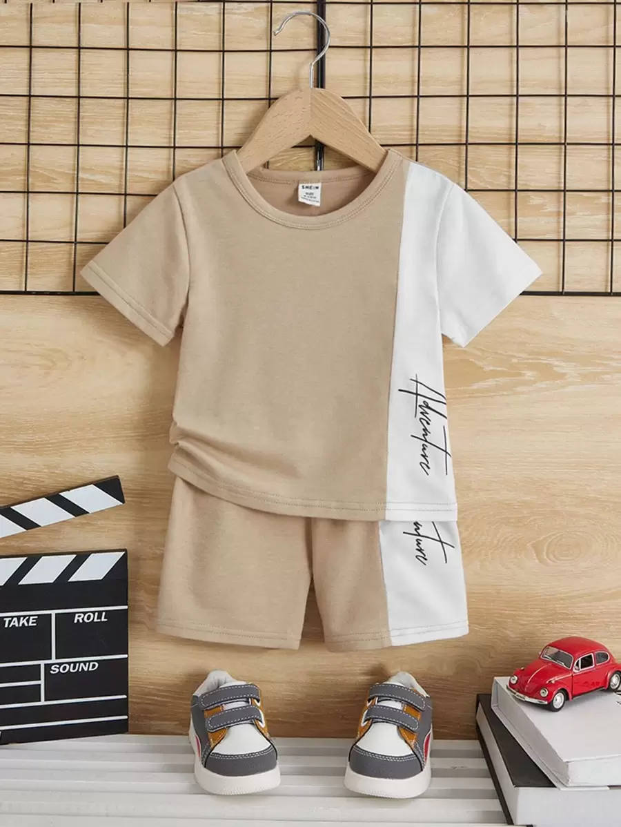 Baby Boy Letter Graphic Two Tone Tee & Shorts - Camel - View 1