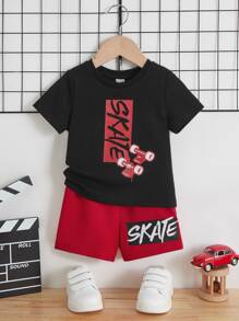 SHEIN Baby Boy Letter Graphic Tee & Shorts - Red - View 1