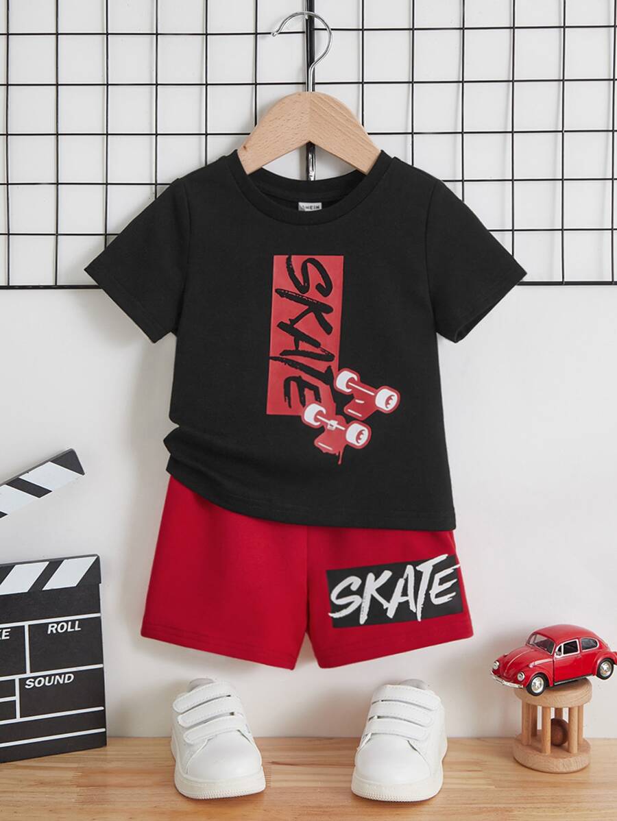 SHEIN Baby Boy Letter Graphic Tee & Shorts - Red - View 1