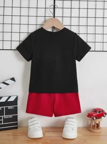 SHEIN Baby Boy Letter Graphic Tee & Shorts - Red - View 2