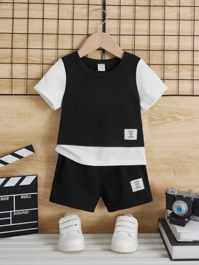 SHEIN Leap Crew Baby Boy Letter Patched Detail 2 In 1 Tee & Shorts