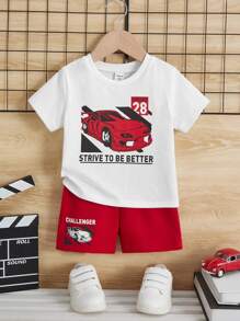 SHEIN 男嬰汽車和標語圖案T恤和短褲 - 紅白色 - 查看 1