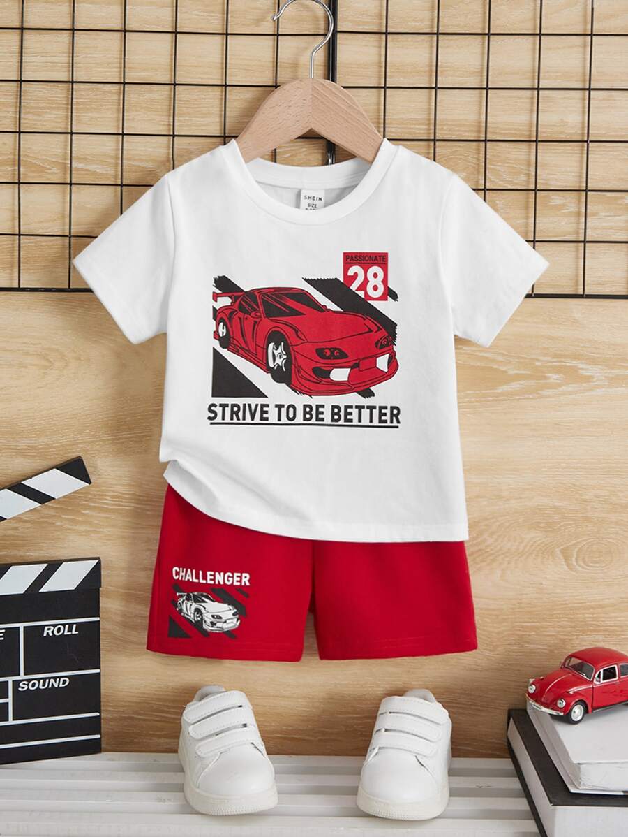 SHEIN 男嬰汽車和標語圖案T恤和短褲 - 紅白色 - 查看 1