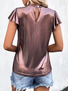 SHEIN Privé 小高領蝴蝶袖金屬質感T恤 - 鏽棕色 - 查看 2