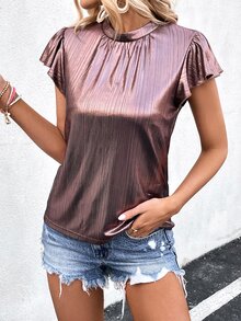 SHEIN Privé 小高領蝴蝶袖金屬質感T恤 - 鏽棕色 - 查看 6