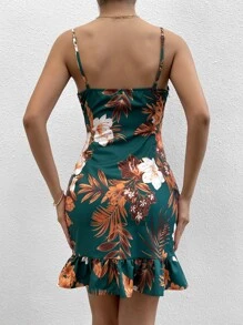 Breezaya Floral Print Ruched Ruffle Hem Cami Dress Vacation Beach Outfits Women - Dark Green - View 2
