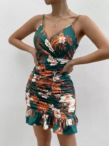 Breezaya Floral Print Ruched Ruffle Hem Cami Dress Vacation Beach Outfits Women - Dark Green - View 6