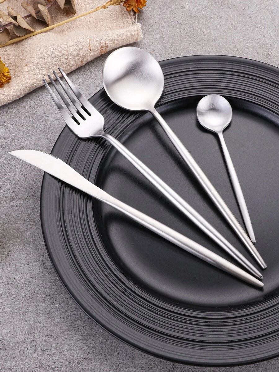 4 piezas Set cubiertos de acero inoxidable - Plateado - Ver 1