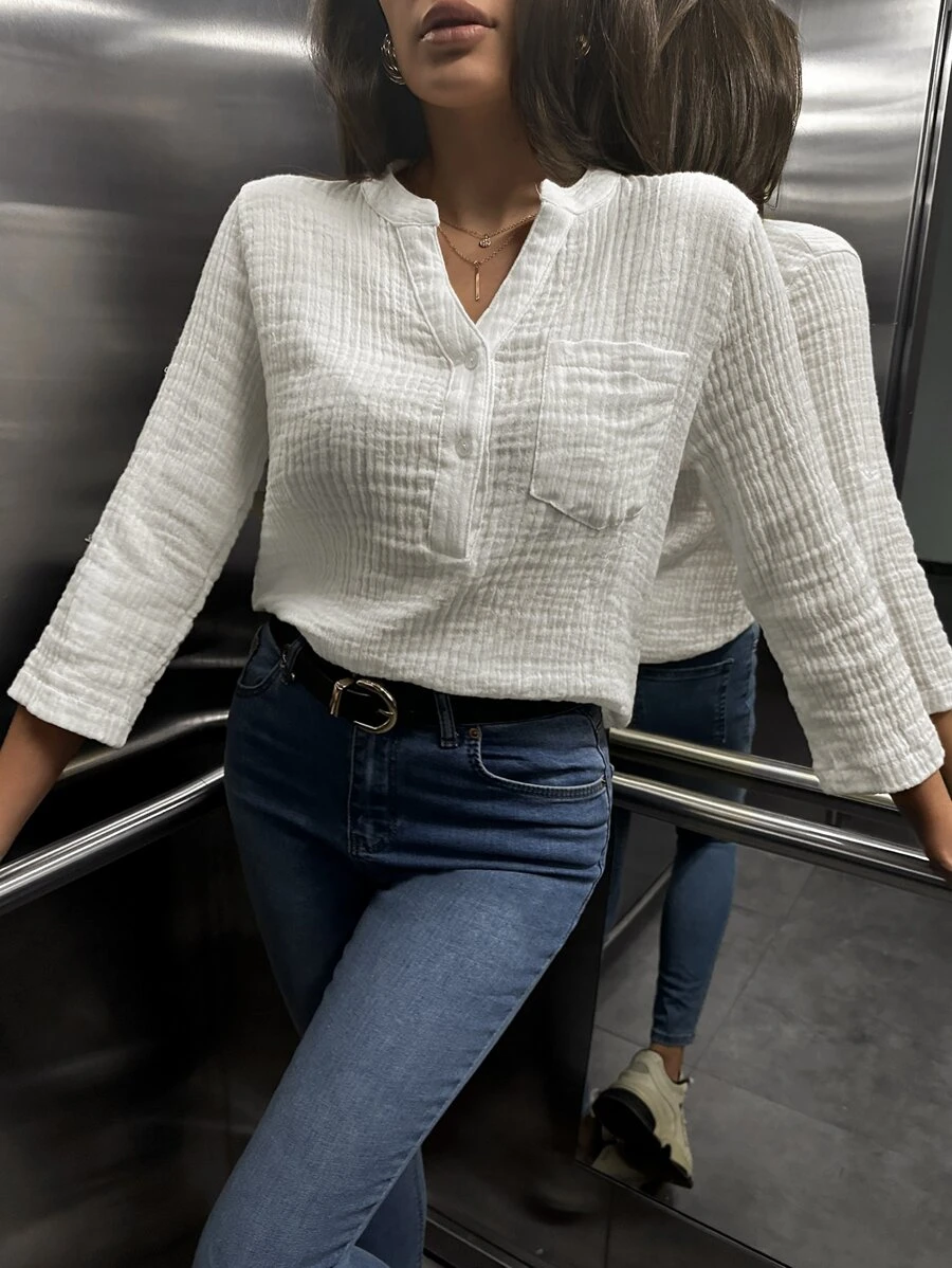 RueChic Notched Neck Roll Up Sleeve Blouse - White - View 1