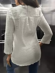 RueChic Notched Neck Roll Up Sleeve Blouse - White - View 2