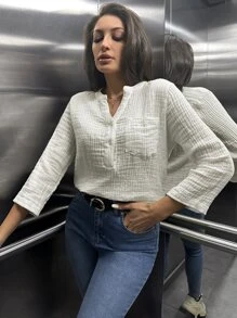 RueChic Notched Neck Roll Up Sleeve Blouse - White - View 3