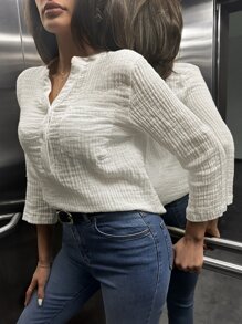 RueChic Notched Neck Roll Up Sleeve Blouse - White - View 5