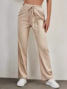EURMUSE Drawstring Waist Slant Pocket Trousers - Beige - View 1