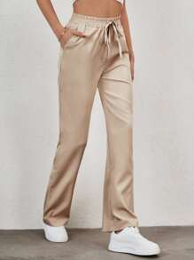 EURMUSE Drawstring Waist Slant Pocket Trousers - Beige - View 5