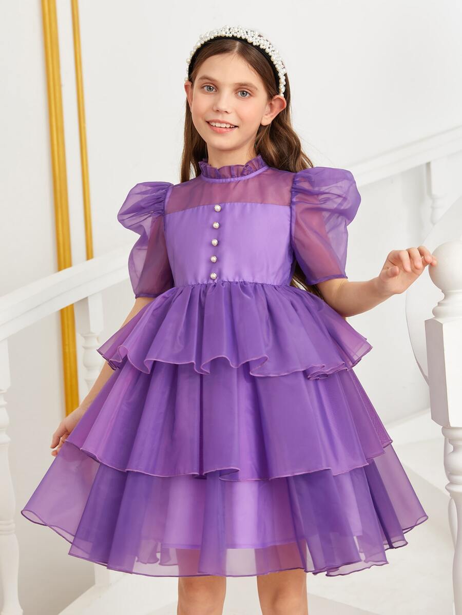 SHEIN 女孩1入組泡泡袖層疊下擺歐根紗連衣裙 - 紫羅蘭色 - 查看 1
