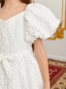 SHEIN Tween Girl 1pc Jacquard Puff Sleeve Belted Dress - White - View 5