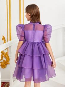 SHEIN 女孩1入組泡泡袖層疊下擺歐根紗連衣裙 - 紫羅蘭色 - 查看 2