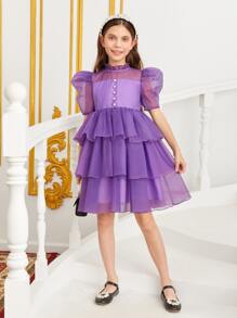 SHEIN 女孩1入組泡泡袖層疊下擺歐根紗連衣裙 - 紫羅蘭色 - 查看 4