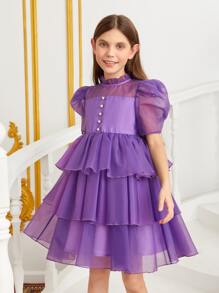 SHEIN 女孩1入組泡泡袖層疊下擺歐根紗連衣裙 - 紫羅蘭色 - 查看 5
