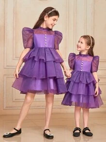 SHEIN 女孩1入組泡泡袖層疊下擺歐根紗連衣裙 - 紫羅蘭色 - 查看 6