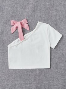SHEIN Tops con gái lớn Bất đối xứng Thắt nút Con số Lá thư Giải trí - Màu Hồng baby - Xem 4