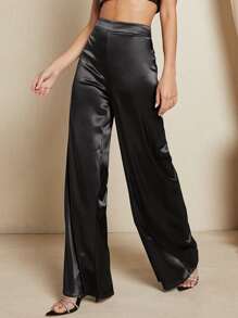 SHEIN BAE Cut Out Back Rhinestone Detail Satin Wide Leg Trousers - Black - View 2