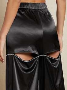 SHEIN BAE Cut Out Back Rhinestone Detail Satin Wide Leg Trousers - Black - View 4