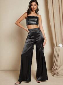 SHEIN BAE Cut Out Back Rhinestone Detail Satin Wide Leg Trousers - Black - View 5