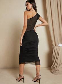 SHEIN BAE One Shoulder Ruched Mesh Overlay Bodycon Dress - Black - View 2