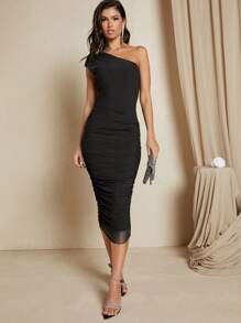 SHEIN BAE One Shoulder Ruched Mesh Overlay Bodycon Dress - Black - View 5