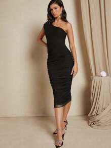 SHEIN BAE One Shoulder Ruched Mesh Overlay Bodycon Dress - Black - View 4