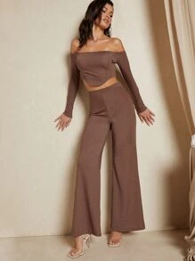 SHEIN BAE High Waist Flare Leg Trousers - Brown - View 4