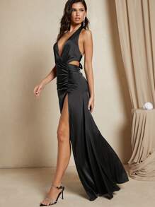 SHEIN BAE Đầm Lộ Lưng Xù Buộc lại Tách cao màu trơn Thanh lịch - màu đen - Xem 4