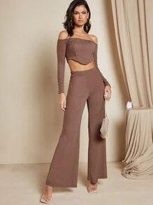 SHEIN BAE High Waist Flare Leg Trousers - Brown - View 5