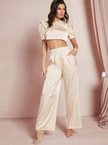 SHEIN BAE 泡泡袖短款緞面襯衫和闊腿褲 - 杏色 - 查看 5