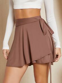 SHEIN BAE Solid Knot Wrap Skirt - Redwood - View 1