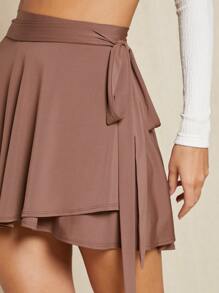 SHEIN BAE Solid Knot Wrap Skirt - Redwood - View 3