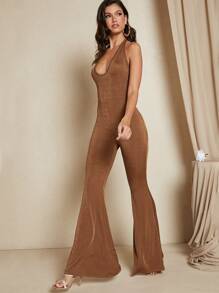 SHEIN BAE 露背喇叭繞頸連體褲 - 咖啡棕 - 查看 1